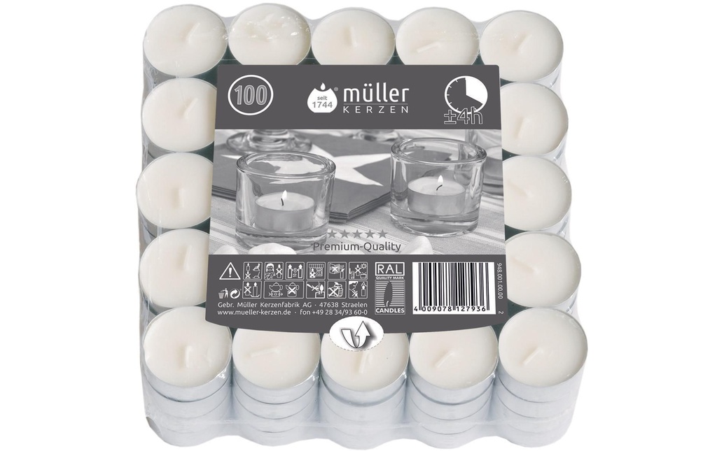 müller Kerzen Bougie chauffe-plat à l'intérieur d'un manchon en aluminium Blanc100 pièces