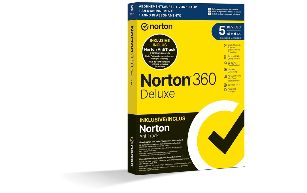 Norton 360 Deluxe + AntiTrack Bundle Box, 5 appareils, 1yr, 50GB Cloud