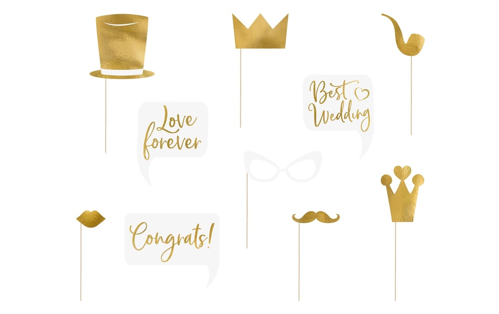 Partydeco Accessoires de mariage Photo Booth Wedding Set 10 pièces, or