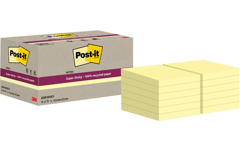 POST-IT Super Sticky 622 recycl. jaune (12 pces)