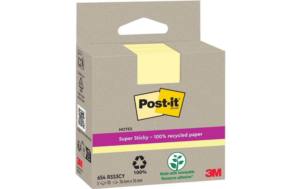 POST-IT Super Sticky 654 recycl. jaune (3 pces)