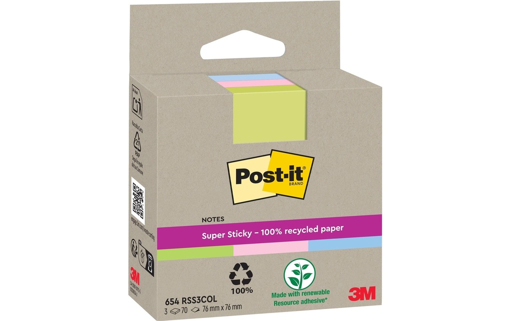 POST-IT Super Sticky 654 recycl. ass. (3 pces)
