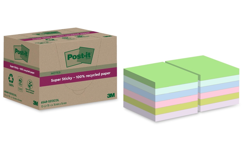 POST-IT Super Sticky 654 recycl. ass. (12 pces)