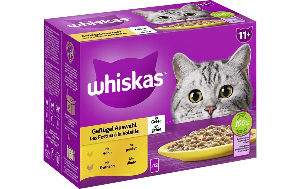 Whiskas Alimentation humide Volaille en gelée 11+, 12 x 85g
