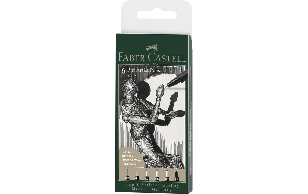 Faber-Castell Crayon à encre de Chine PITT Artist Pen Black, 6 pièces