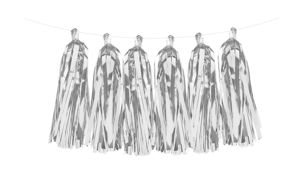 Partydeco Guirlande Tassels 1.5 m, argent, 12 pompons