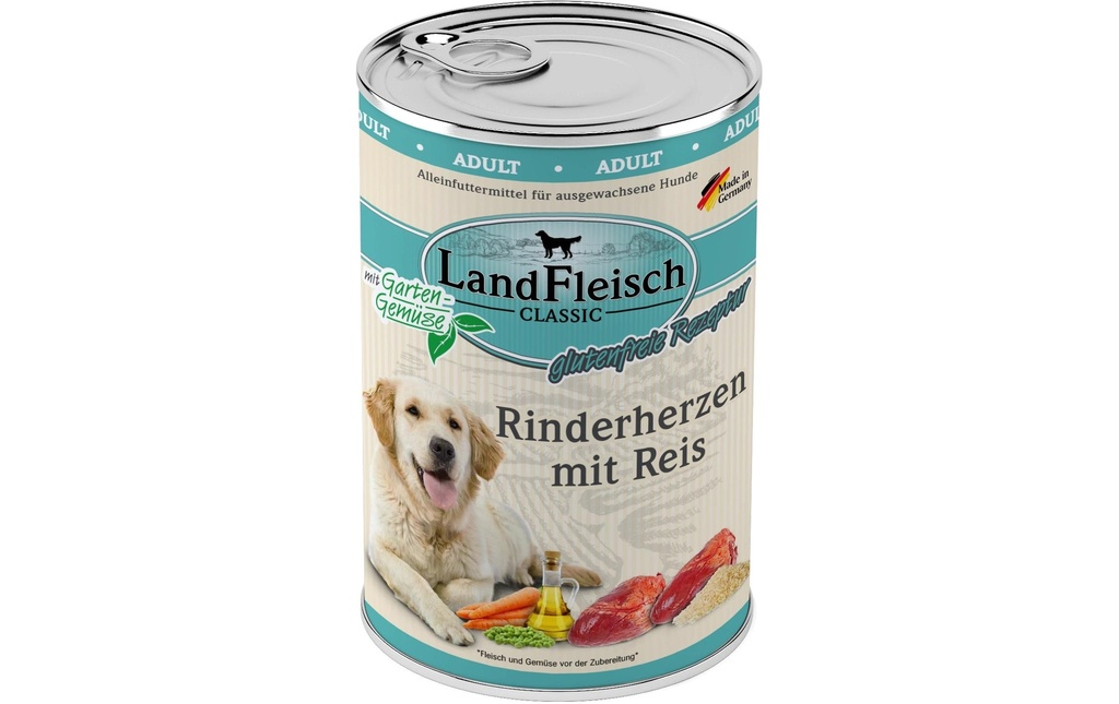LandFleisch Alimentation humide Cœurs de bœuf classiques avec riz, 400 g