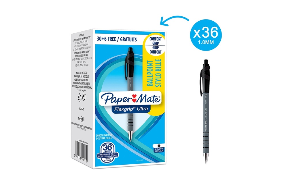 Paper Mate Stylo bille Flexgrip Ultra 1 mm, Noir,  36 pièces