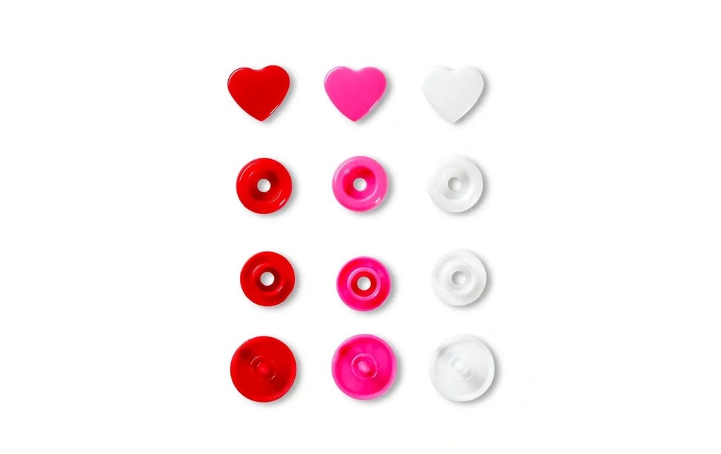 Prym Boutons poussoirs Boutons de couleur Coeur, tons rouges, 12.4 mm, 30 pièces