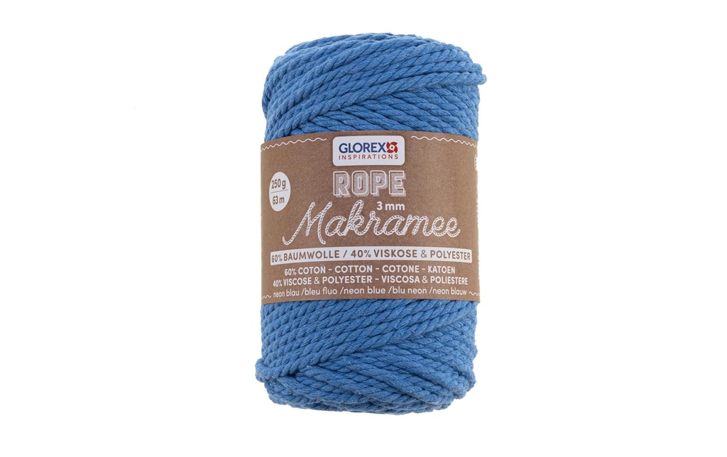 Glorex Laine Macramee Rope torsadé 63 m x 3 mm, 250g, bleu néon