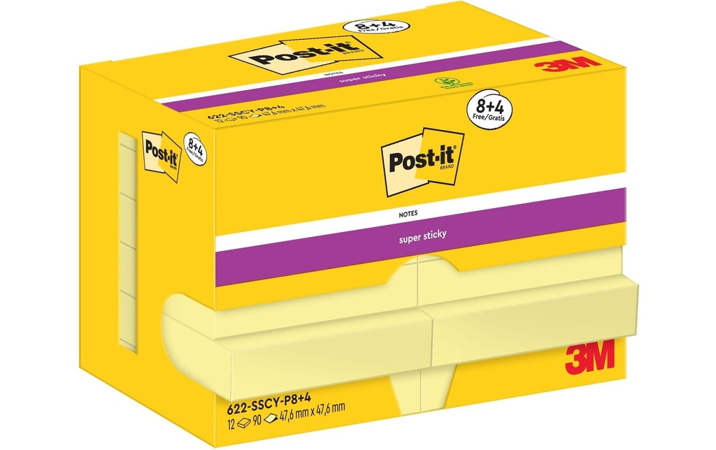 Post-it Fiche de bloc-notes Super Sticky 47 x 47 mm, Jaune, 12 blocs