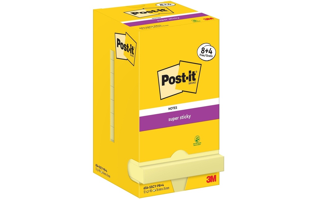 Post-it Fiche de bloc-notes Super Sticky 76 x 76 mm, Jaune, 12 blocs