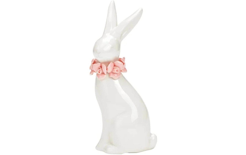 G. Wurm Présentoir Lapin avec couronne de fleurs 16 cm, Blanc, Rose