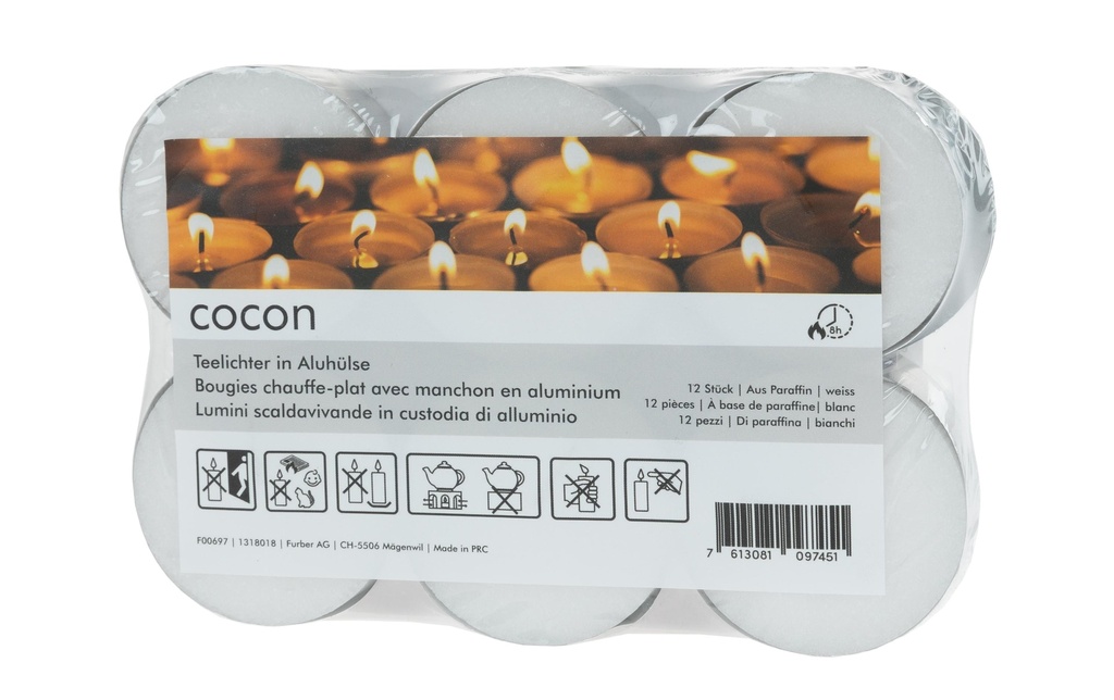 COCON Bougie chauffe-plat grand en douille d'aluminium 12 pièces, Blanc