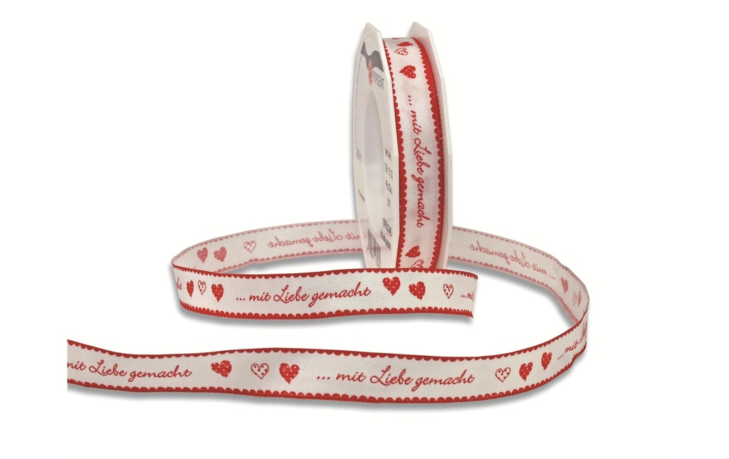 Pattberg Ruban cadeau Fabriqué avec amour 1.5 cm x 20 m, rouge/blanc