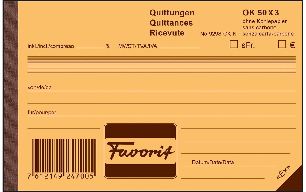 FAVORIT Quittance A6oblong 50x3 D/F/I (50 pces)