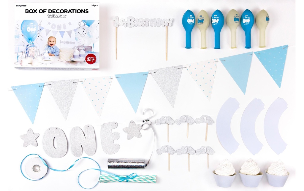 Partydeco Kits de fête 1st Birthday argenté 9 pièces, Argent, Bleu