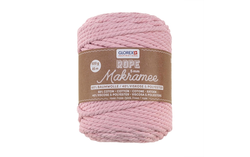 Glorex Laine Macramee Rope torsadé 85 m x 5 mm, 500g, rose
