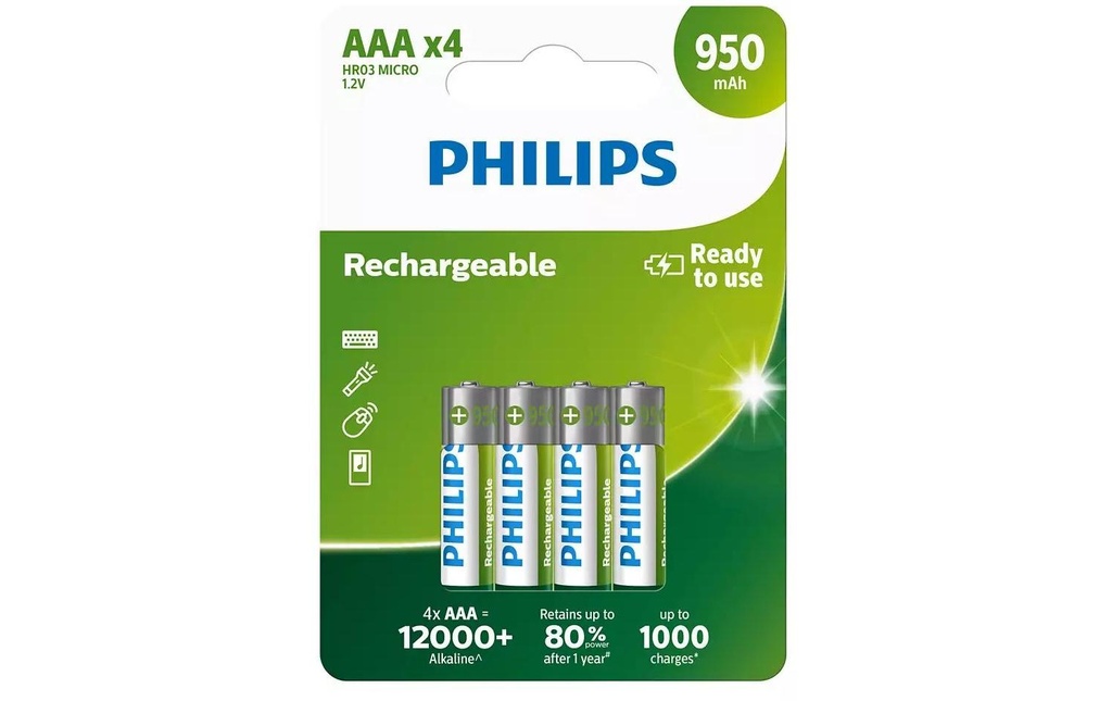 Philips Batterie Rechargeable NiMH AAA 950 mAh, 4 Pièce/s