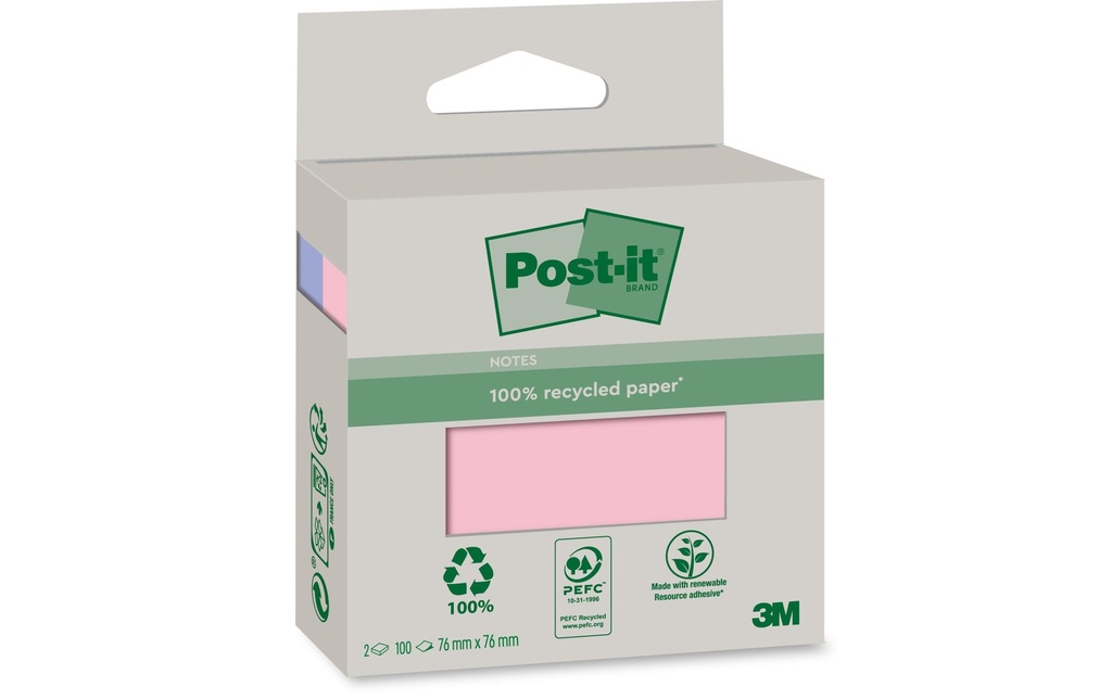 Post-it Fiche de bloc-notes Recycling Notes 7.6 x 7.6 cm, Rose