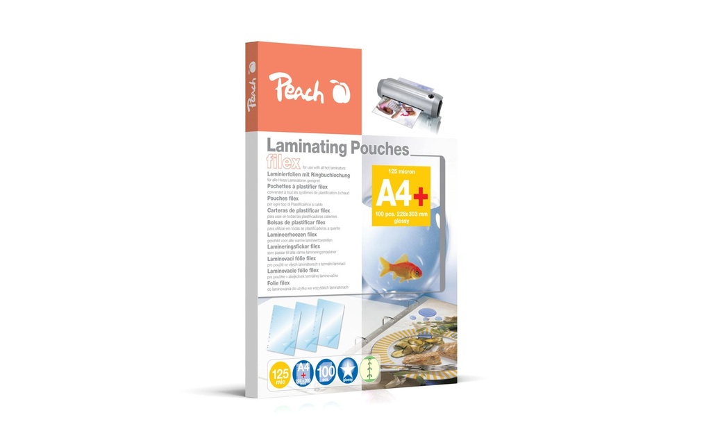 Peach Film laminé A4, 125 µm, 100 pièces, brillant, perforation de classement