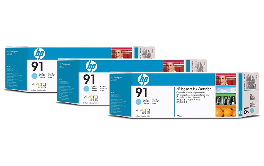 HP Encre Nr. 91 (C9486A) Cyan léger (paquet de 3)