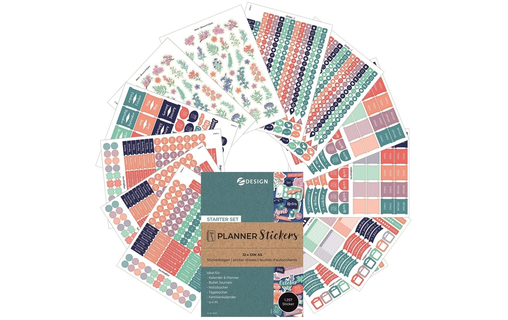 Z-Design Autocollant à motif Planner Starter Set 12 feuilles, 1.257 autocollants