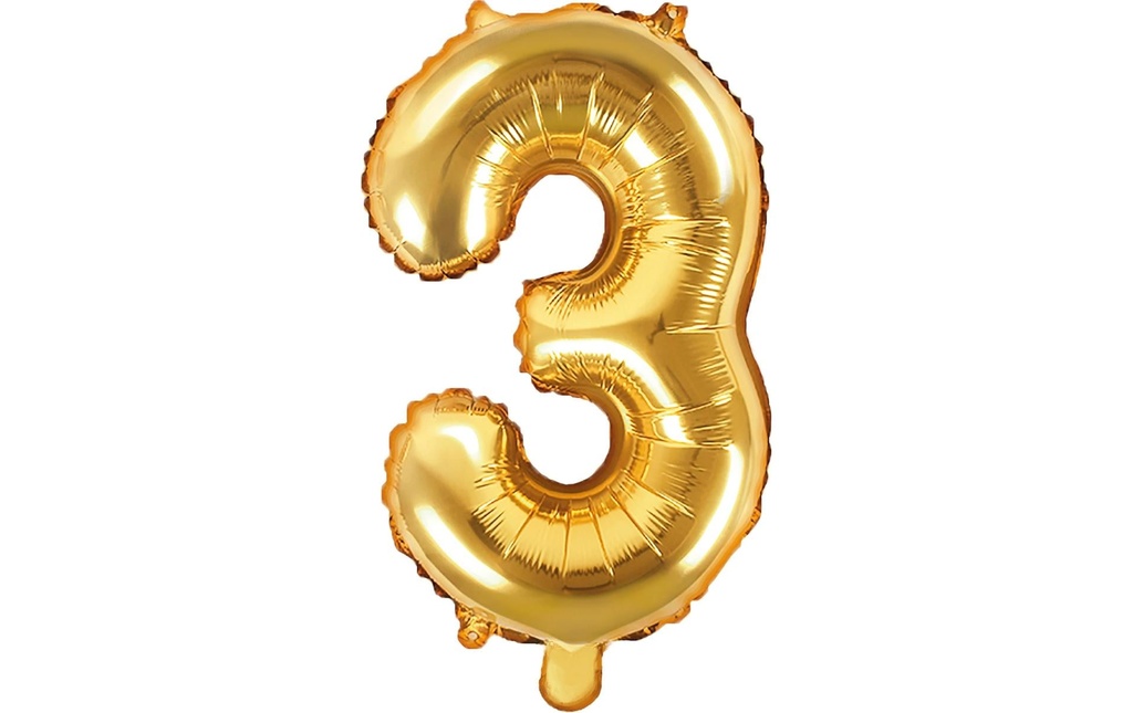Partydeco Ballon en aluminium Chiffre 3 petit 35 cm, doré, 1 pièce