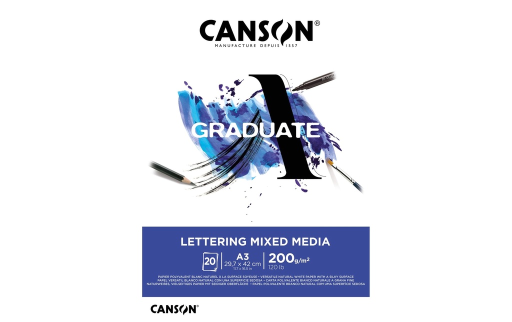 Canson Carnet de dessin Graduate Lettering Mixed Media A3, 20 feuilles