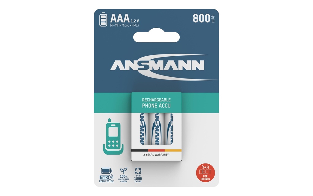 Ansmann Batterie Phone NiMH AAA pour téléphones DECT 800 mAh, 3 Pièce/s