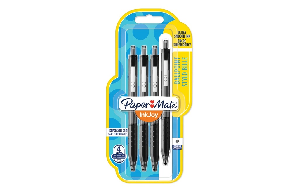 Paper Mate Stylo bille Inkjoy 300 RT 1 mm, Noir, 4 pièces