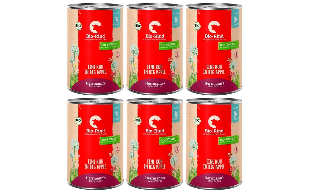 Herrmann's Alimentation humide Bœuf bio avec pomme et flocons d'avoine 6 x 400 g