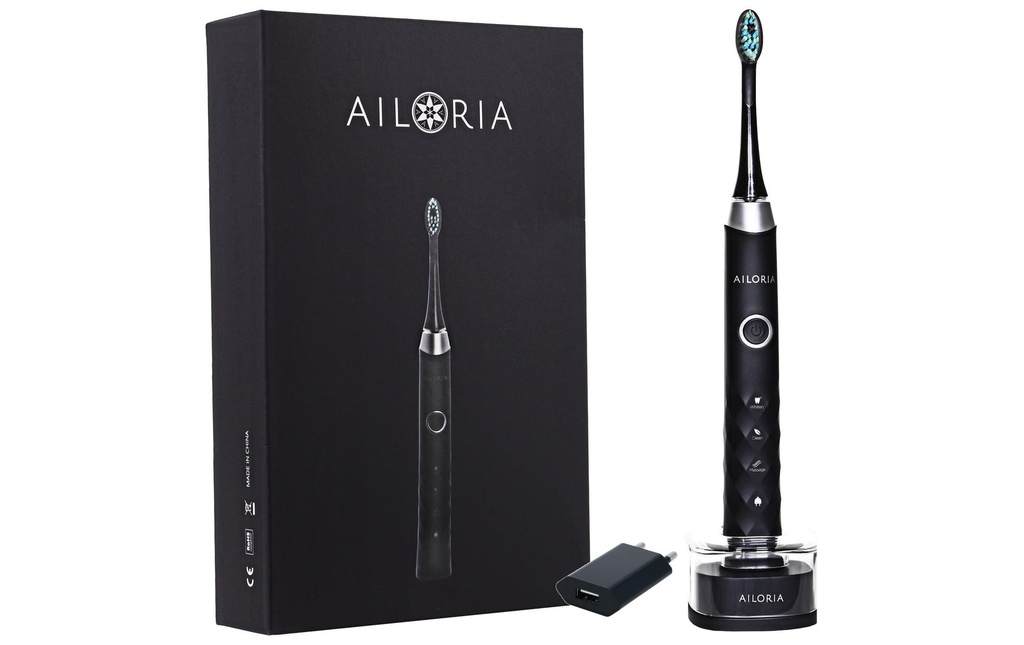 Ailoria Brosse à dents sonique Shine Bright Noir, chargeur USB inclus