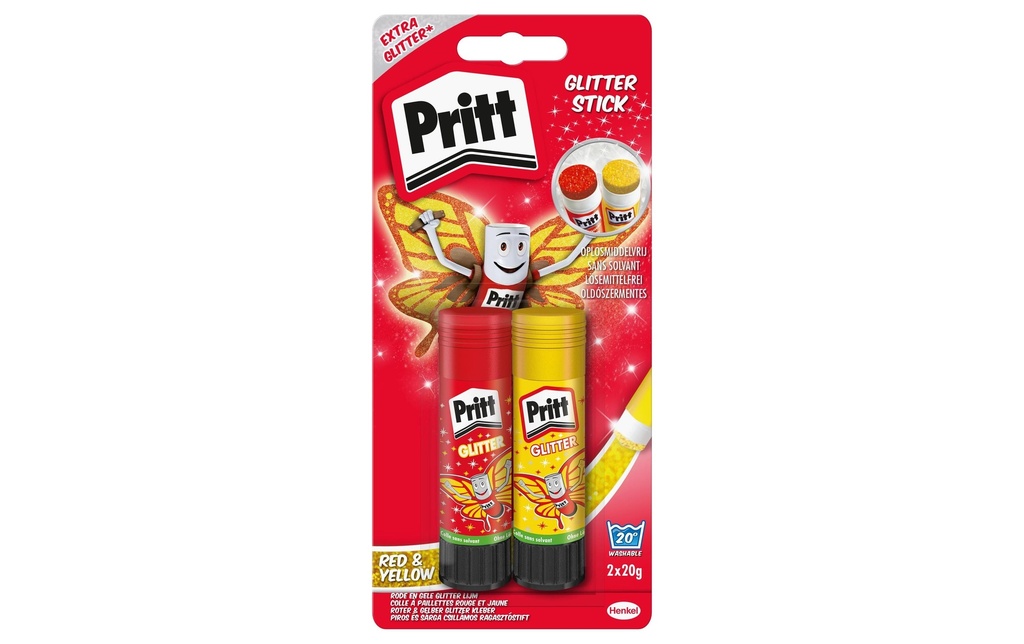 Pritt Lot de bâtons de colle Glitter 20 g, 2 pièces, rouge/jaune