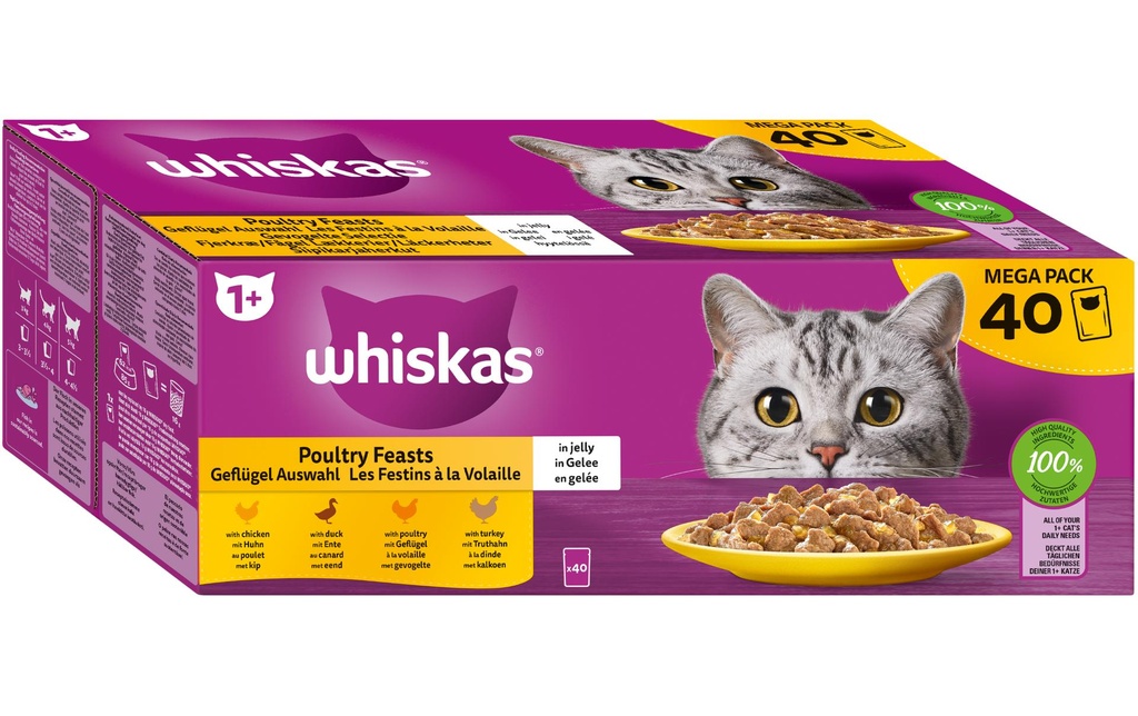 Whiskas Alimentation humide Sélection de volailles en gelée 1+, 40 x 85 g