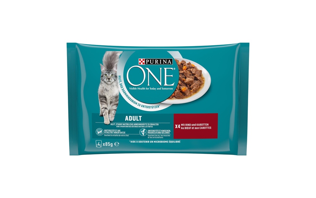 Purina ONE Alimentation humide ADULT en sauce bœuf/carottes, 4 x 85g
