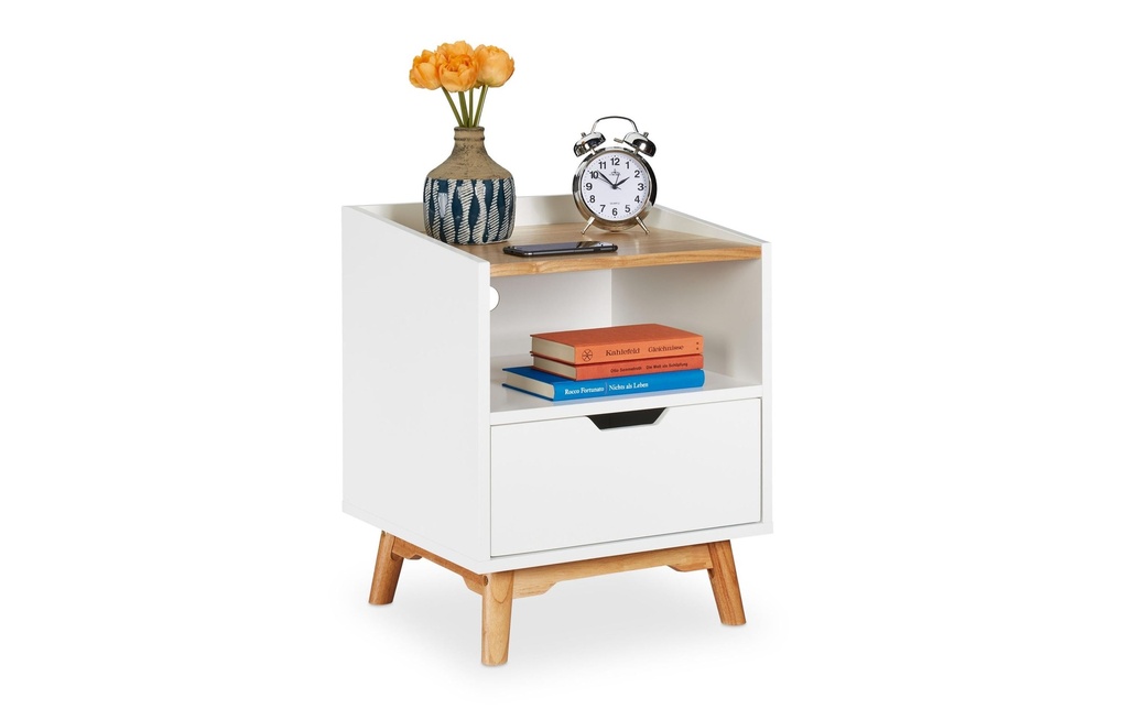 relaxdays Table de nuit avec 1 tiroir 50 x 43 cm, Blanc/Nature