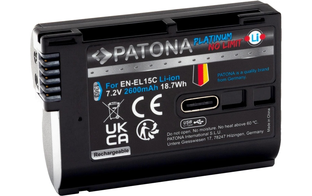 Patona Batterie pour Appareils photo numérique Platinum Nikon EN-EL15C avec USB-C