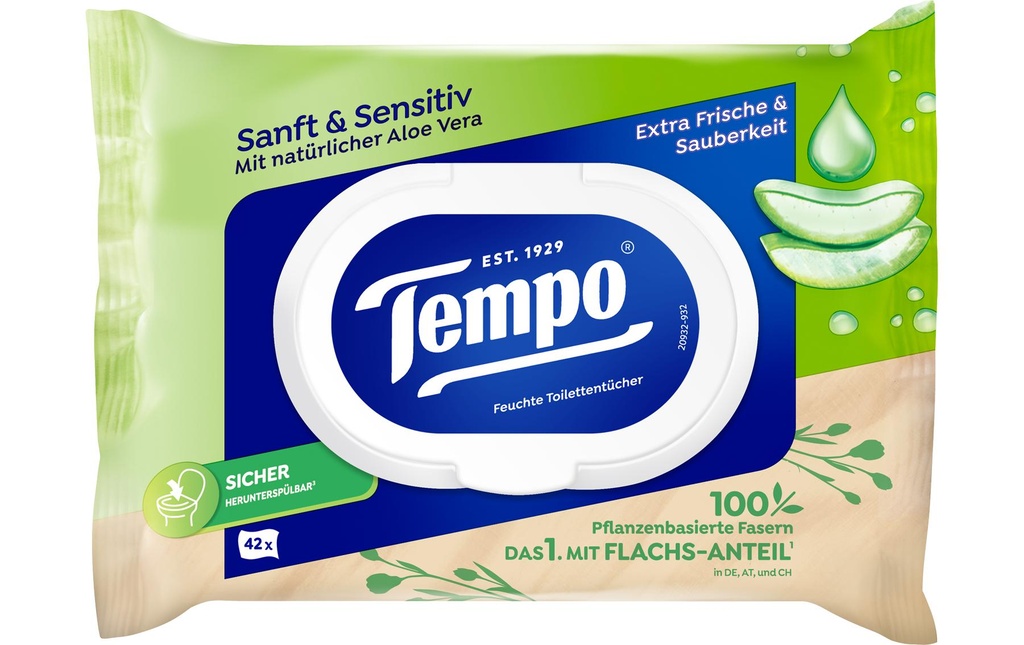 Tempo Lingettes humides doux &amp; sensible Aloe Vera doux et sensible 42 pièces