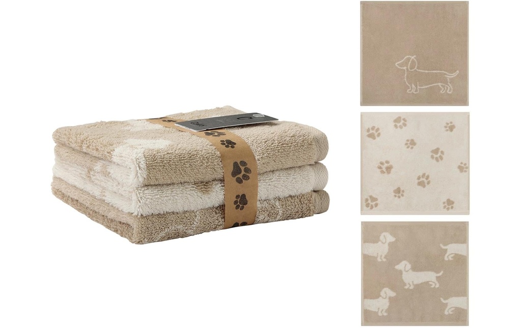 Cawö Lavettes We Love Dogs Mix (paquet de 3), 30 x 30, Beige