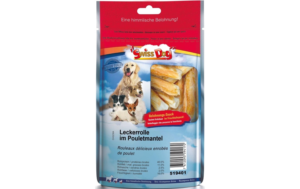 SwissDog Produit à mâcher  Rouleau de friandises enrobées de poulet, 300 g, 15 pièces