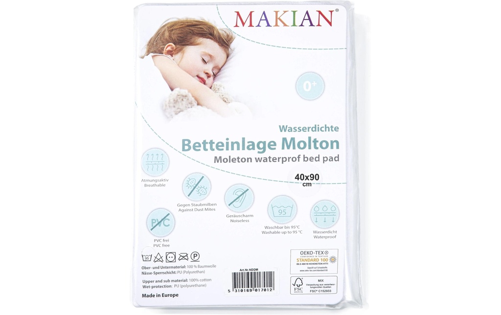 MAKIAN Protection de matelas Molleton, paquet de 1 40 x 90 cm, blanc
