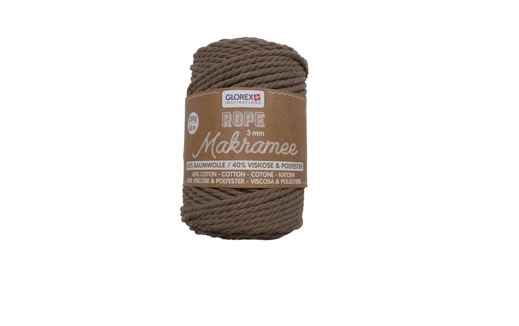 Glorex Laine Macramé Corde tordue 3 mm, 250 g, Brun clair