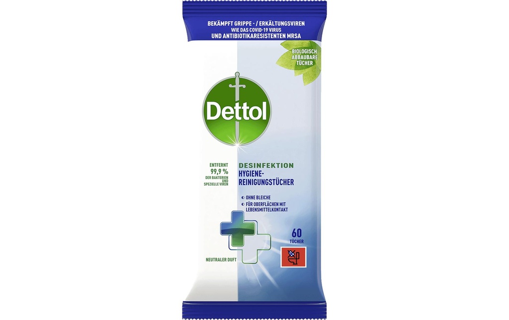 Dettol Désinfection Lingettes nettoyantes hygiéniques 60 pièces