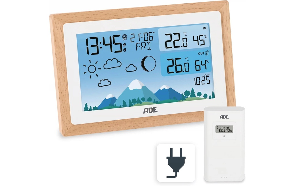 ADE Station météo avec capteur extérieur sans fil Bois-blanc