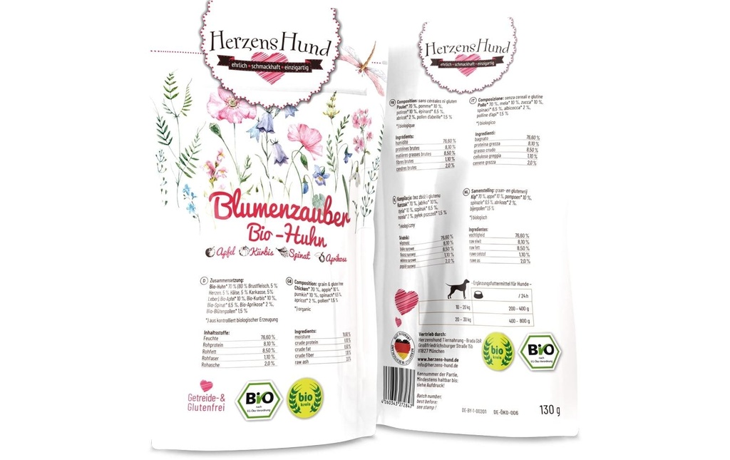 HerzensHund Alimentation humide Magie des fleurs Poulet bio, 130 g