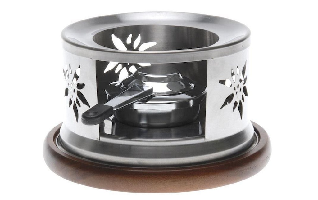 Nouvel Réchaud à fondue Edelweiss avec du bois d'acacia, Argenté