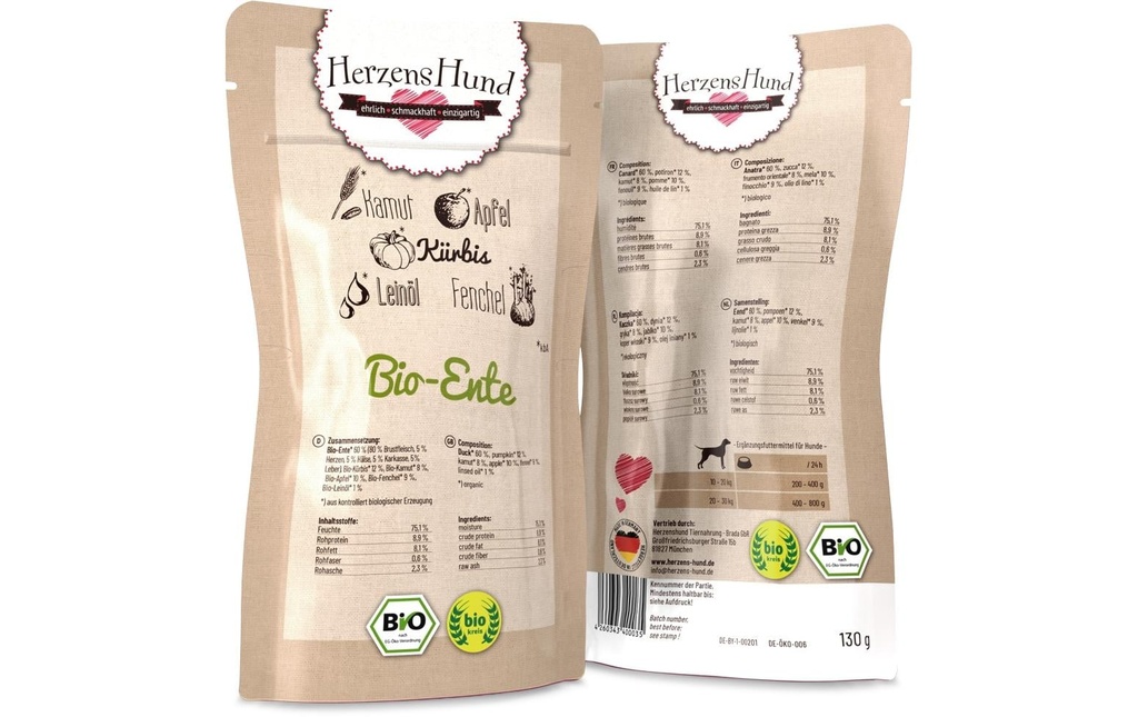 HerzensHund Alimentation humide Canard bio avec légumes bio, 130 g
