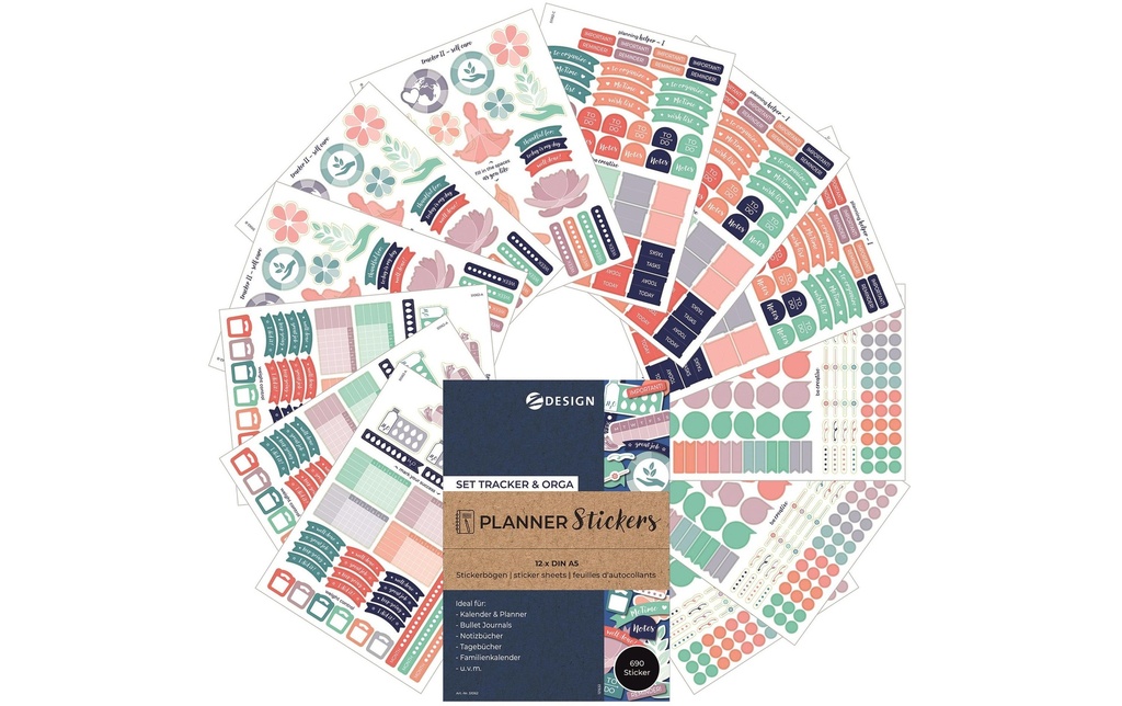 Z-Design Autocollant à motif Planner Tracker & Orga 12 feuilles, 690 autocollants