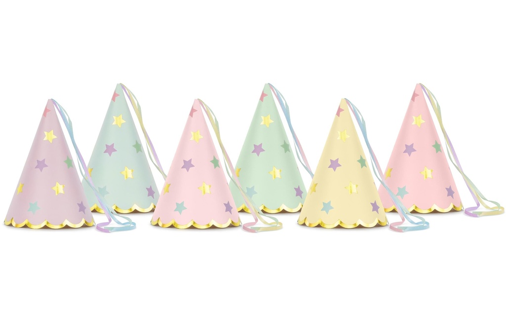 Partydeco Chapeaux de fête Étoiles couleur pastel, 14.5 x 10 cm, 6 pièces
